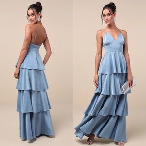 NWT Lulu’s Going with Elegance Slate Blue Satin Tiered Gown Medium Party Chic